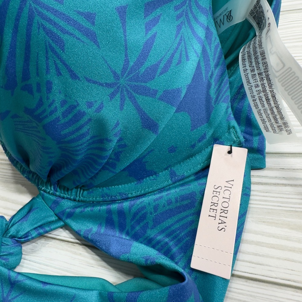 NEW VS Swim Push Up Halter Bikini Top Teal Blue Tropical Palm 36DDD - Picture 6 of 9